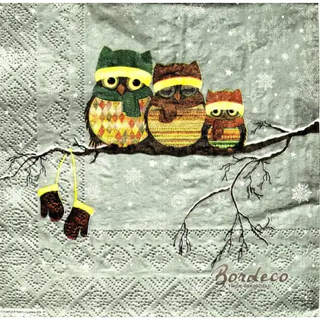 Serwetka do decoupage trzy sówki na gałązce i rękawiczki 33x33 PIXIE Unikat